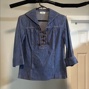 1970's Ladies Sears Blue Denim Lace Front Top Made in USA